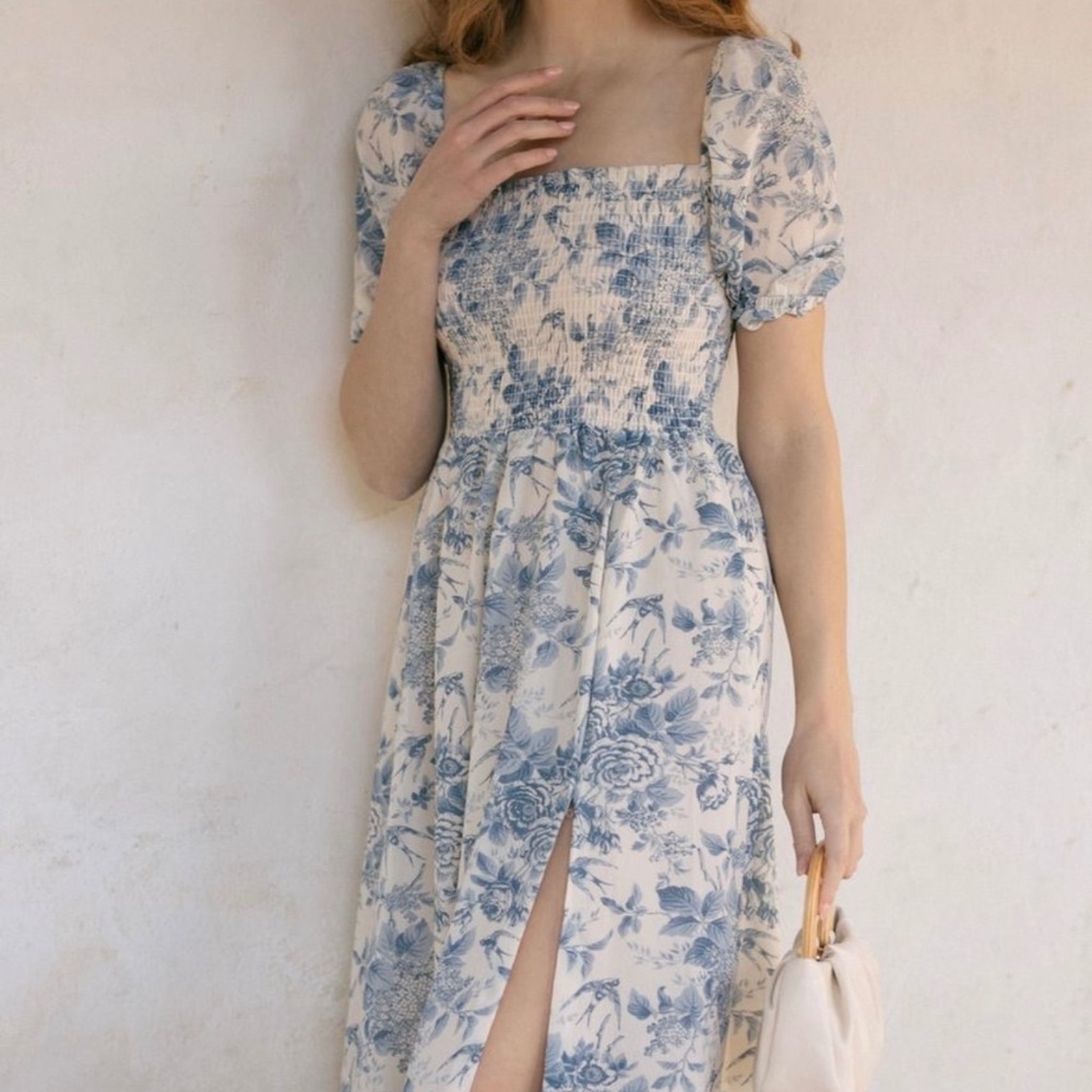 Blue Floral Smocked Midi Dress